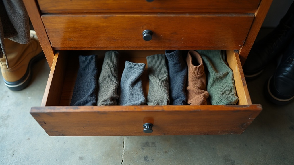 Open sock drawer with work socks and steel-toed boots in the background