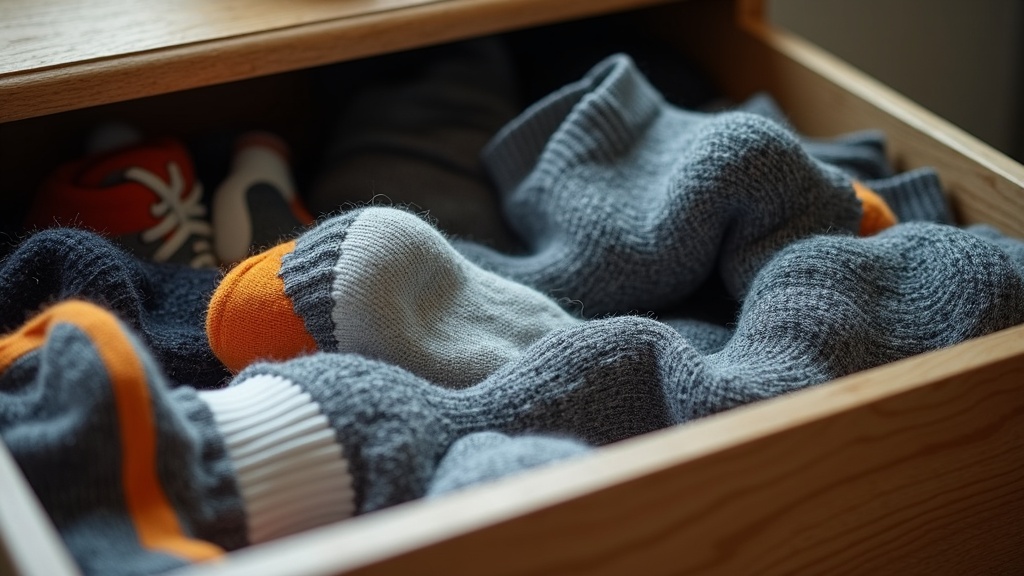 Cluttered sock drawer with mixed work socks and liner socks