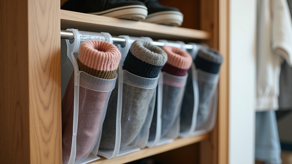 Over-door organizer used for sock storage in a small closet