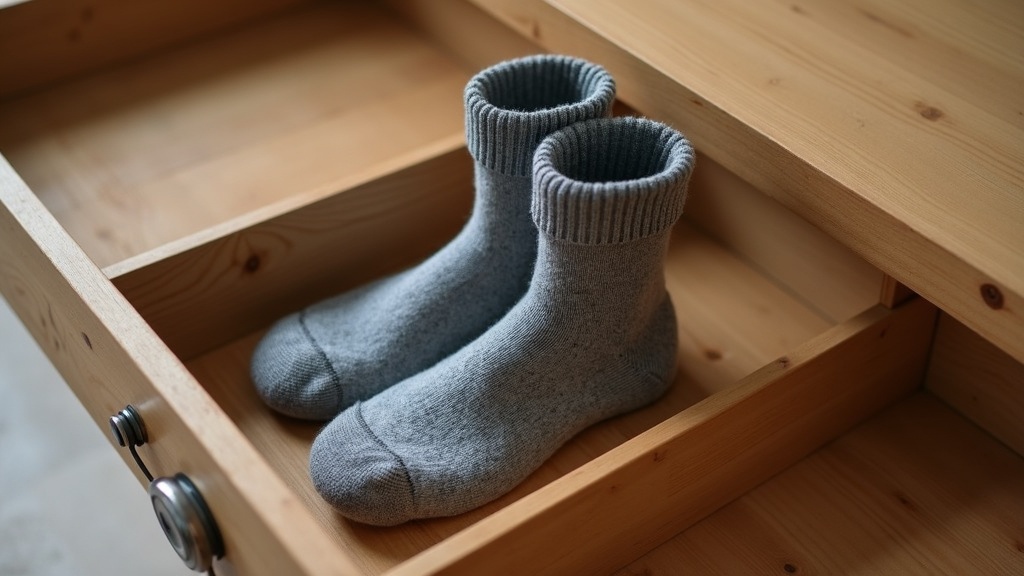 Ranger-rolled work socks standing upright in a drawer organizer tray