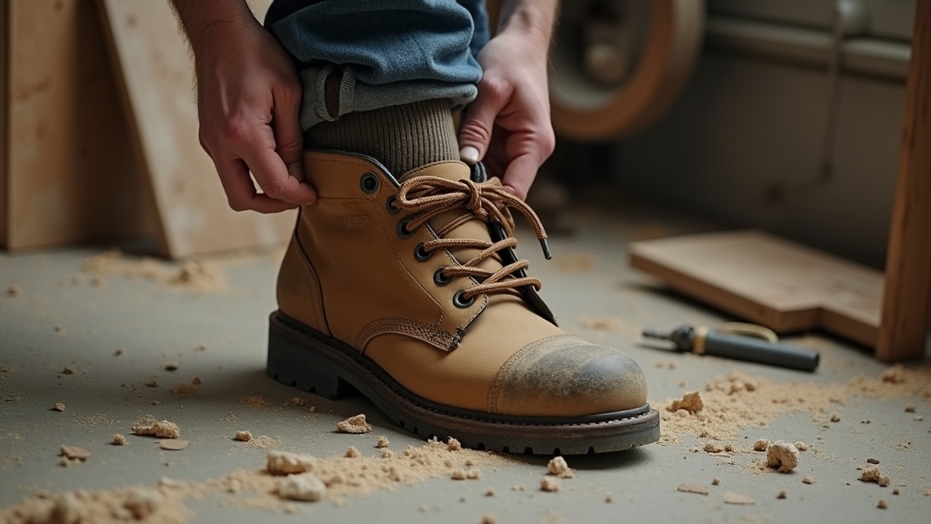 Bamboo mens work socks inside a steel-toe work boot on a jobsite