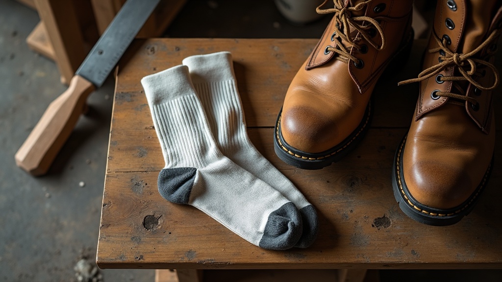Bamboo crew work socks with reinforced heel and toe next to steel-toe boots