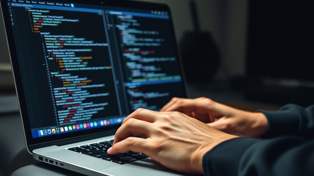 Developer typing code on a laptop, symbolizing open-source contribution