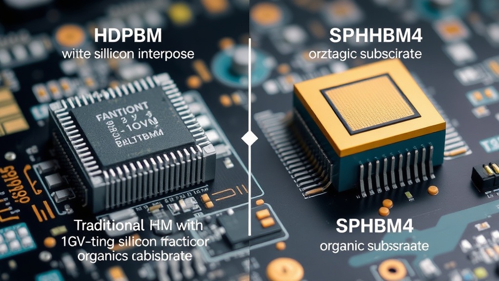 Diagram illustrating the difference between traditional HBM with silicon interposer and SPHBM4 on organic substrate