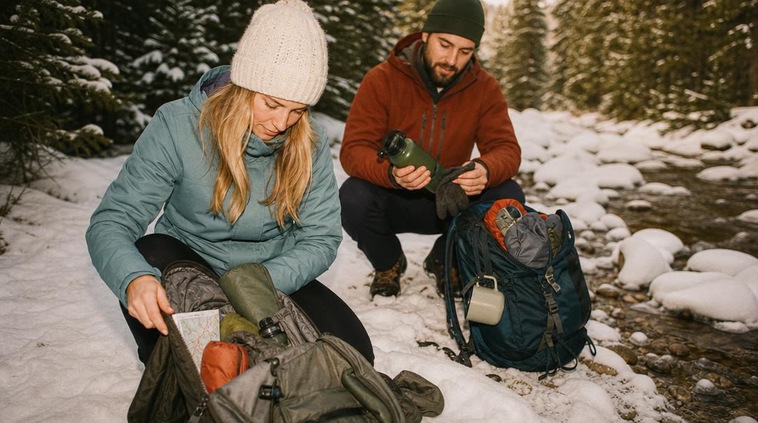 Winter hiking gear laid out in snow