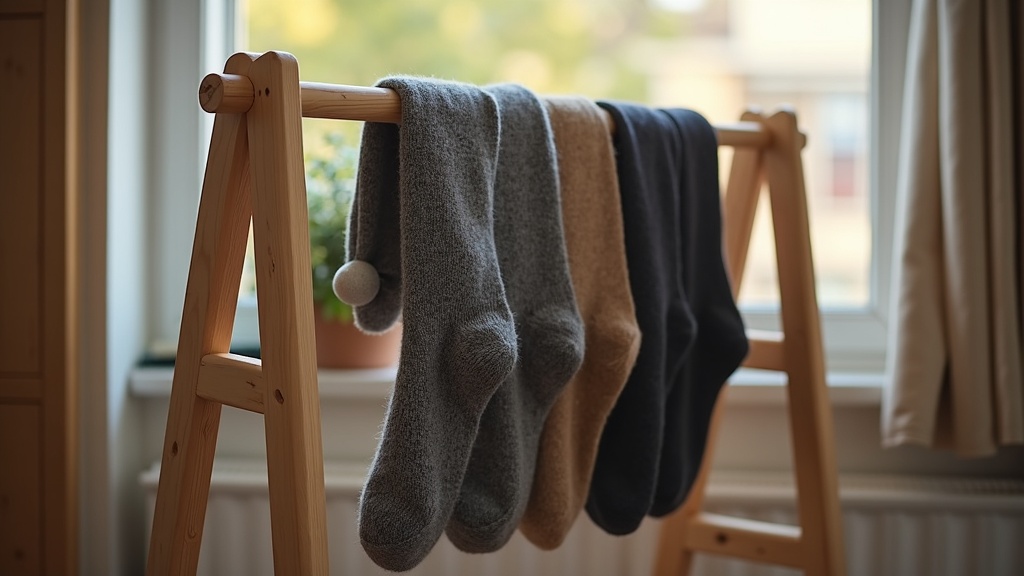 Merino wool work socks air drying on a rack