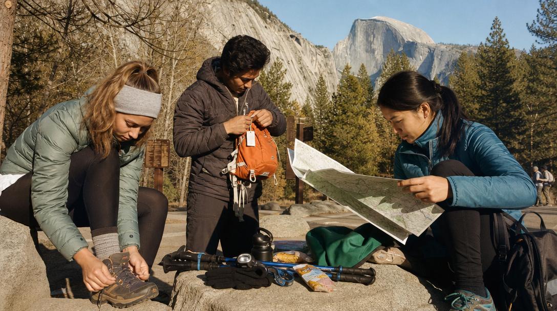 Easy hiking trail in Yosemite surrounded by meadow and trees