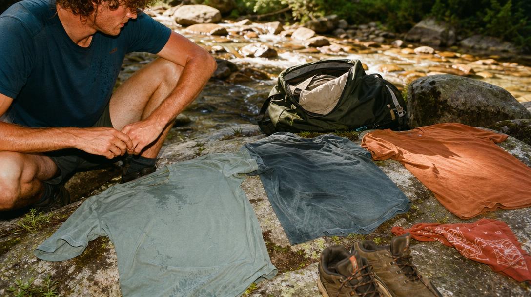 Lightweight, breathable hiking shirt displayed outdoors