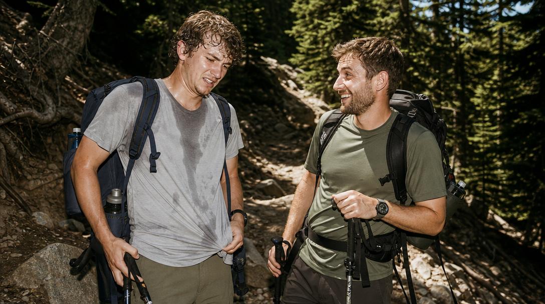 Display of hiking shirts from various brands