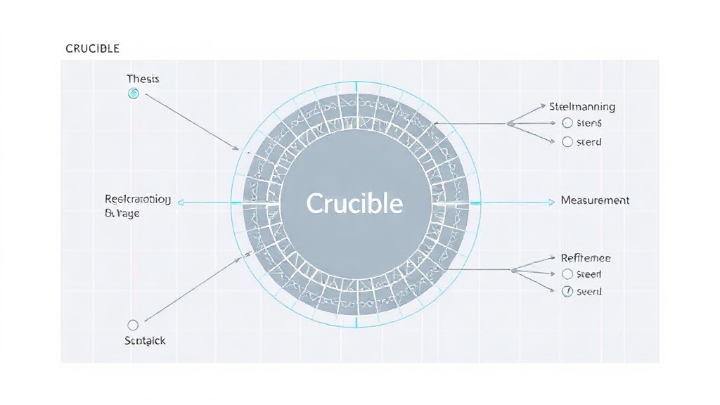 Diagram illustrating Crucible's four-stage judgment engine: Thesis Registration, Steelmanning, Measurement, and Refinement.