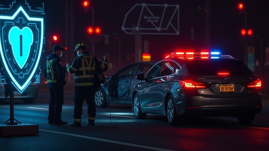 First responders directing traffic around a simulated accident scene with an autonomous vehicle present.