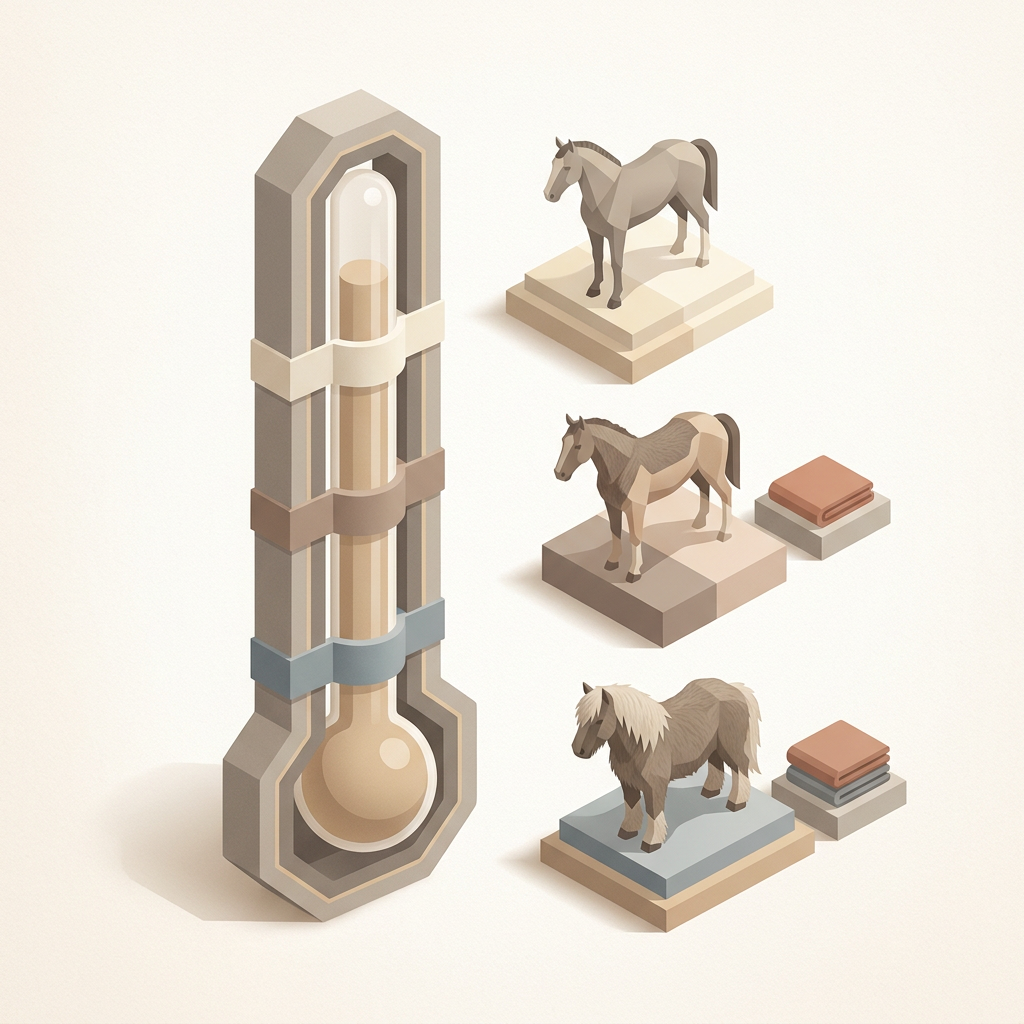 A temperature-based blanketing guide showing different horse types and their blanketing thresholds, displayed as a visual thermometer scale with horse silhouettes