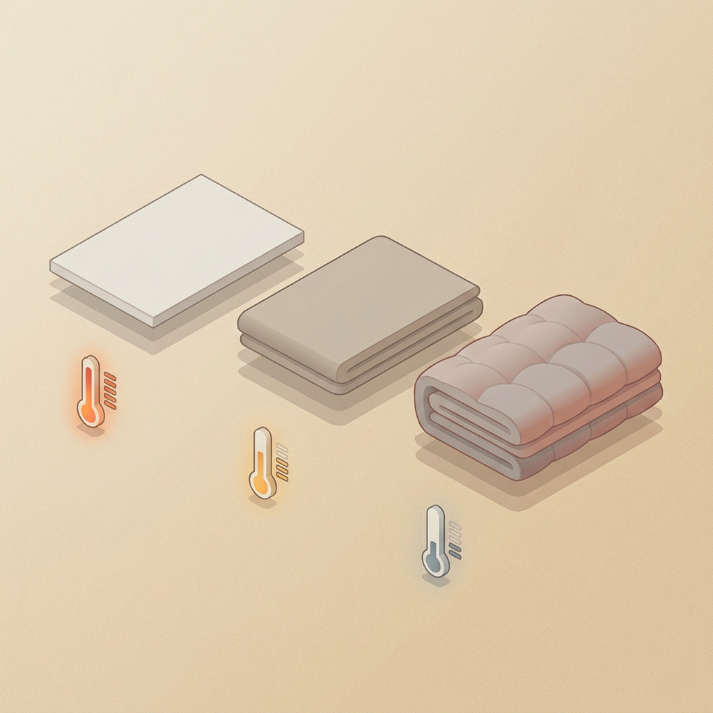 A layered blanket system explainer showing three blanket weights — lightweight, medium, and heavyweight — as a progression visual with temperature context