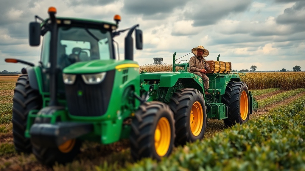 John Deere tractor operating in a field with a farmer overseeing.