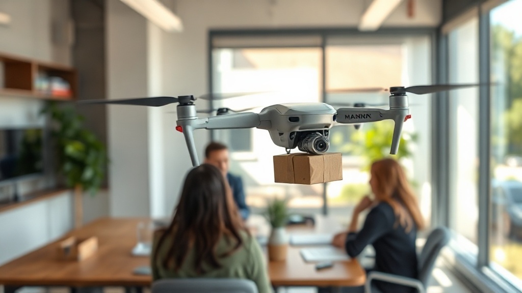 Manna drone in flight delivering a package to a residential area