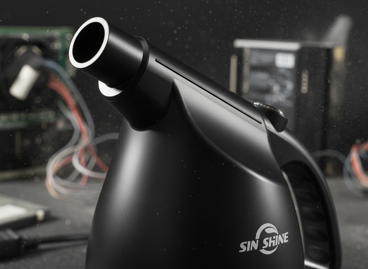 Close-up of SIN SHINE air duster nozzle and trigger button with metallic details and jet-black finish