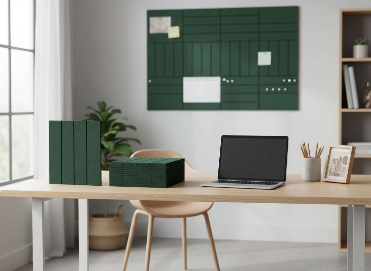 Pine green felt bulletin board hung in home office above a wooden desk with laptop and office supplies