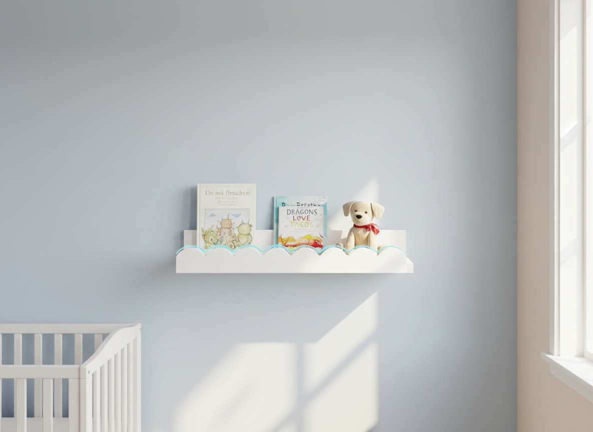 Nursery bedroom with white floating shelves on wall displaying children's books and toys