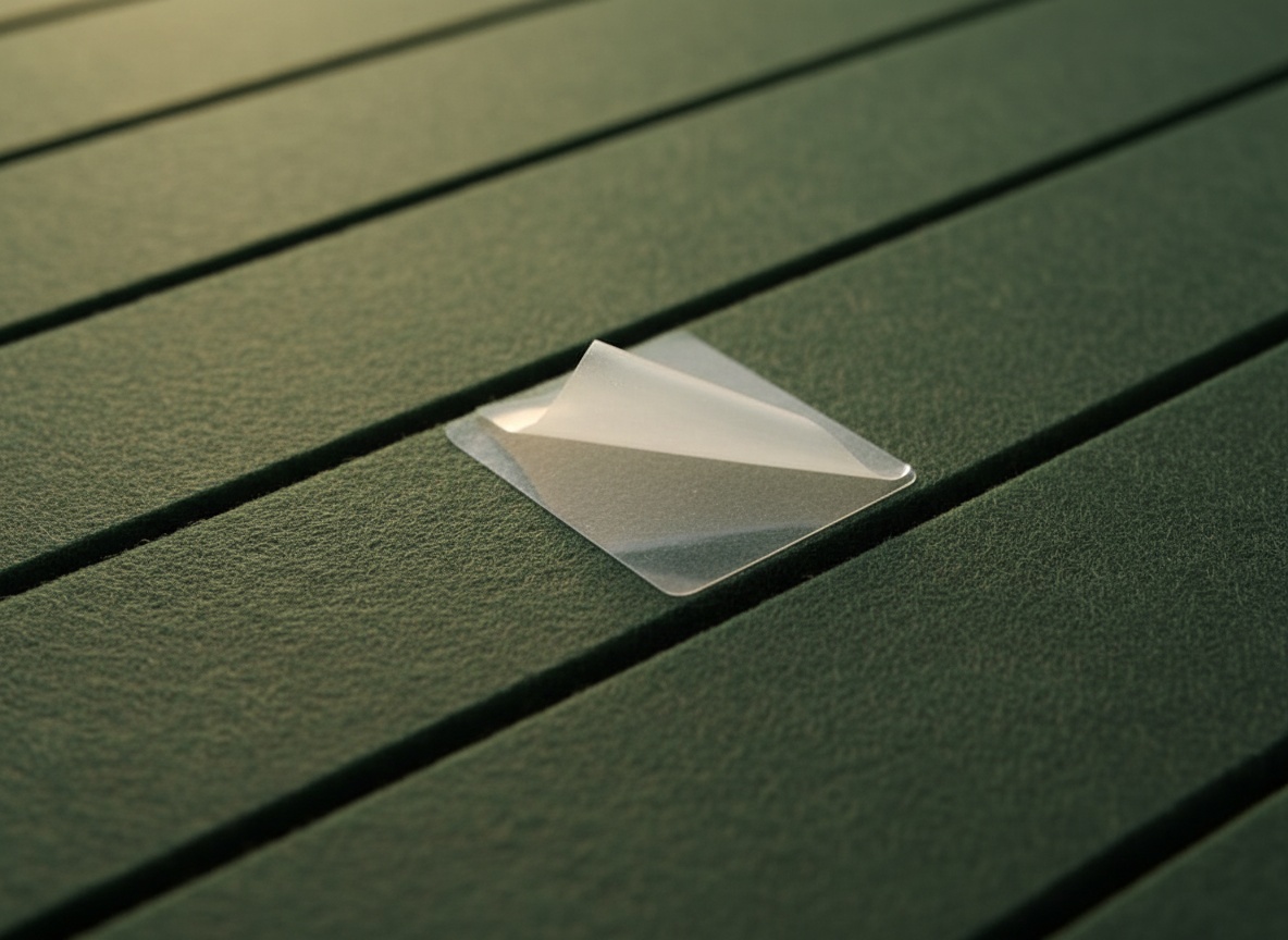 Macro close-up of pine green felt with a removable adhesive tab partially peeled, revealing the sticky surface