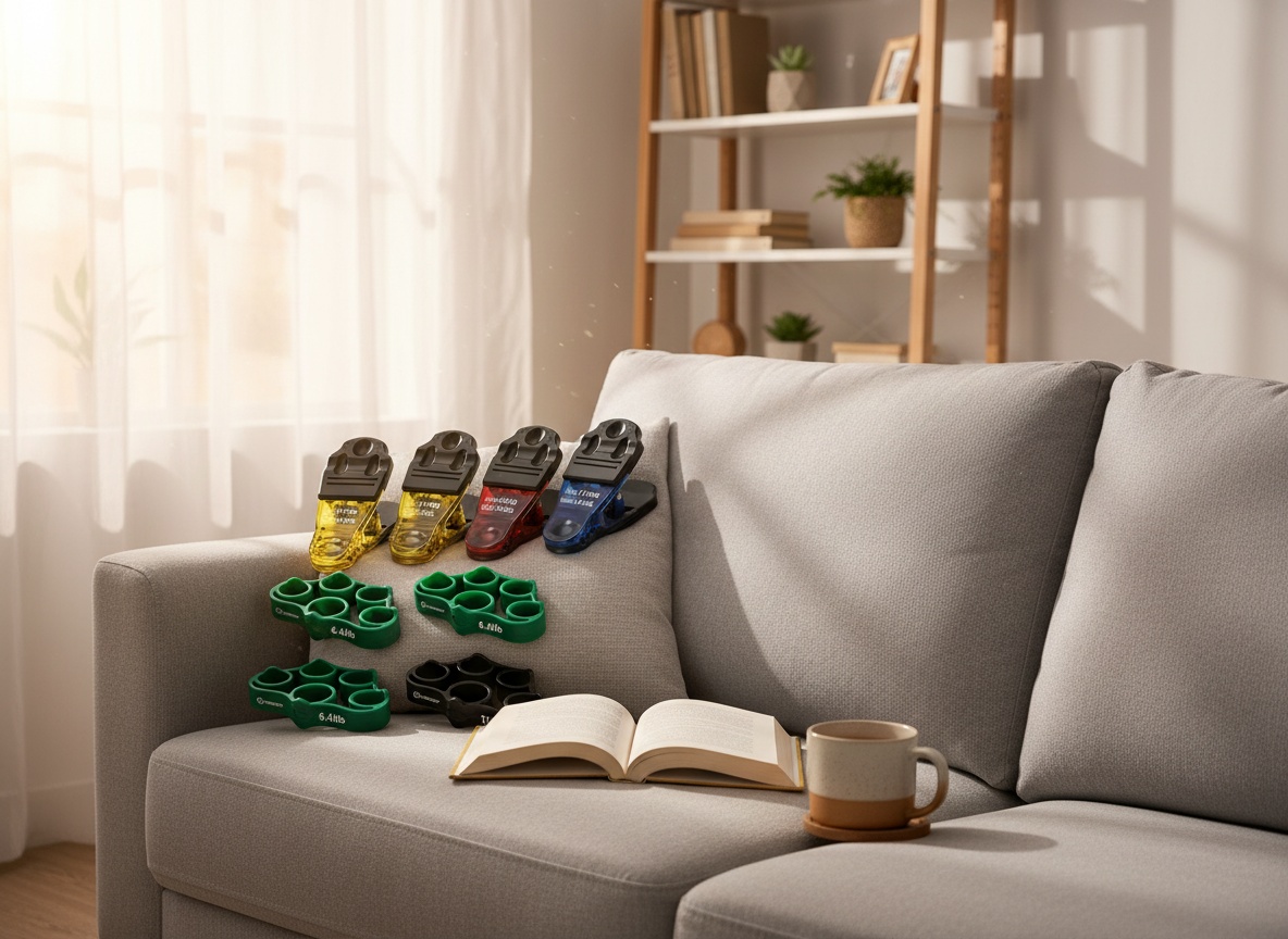 FitBeast finger exerciser set on a home sofa beside a book and mug in natural light
