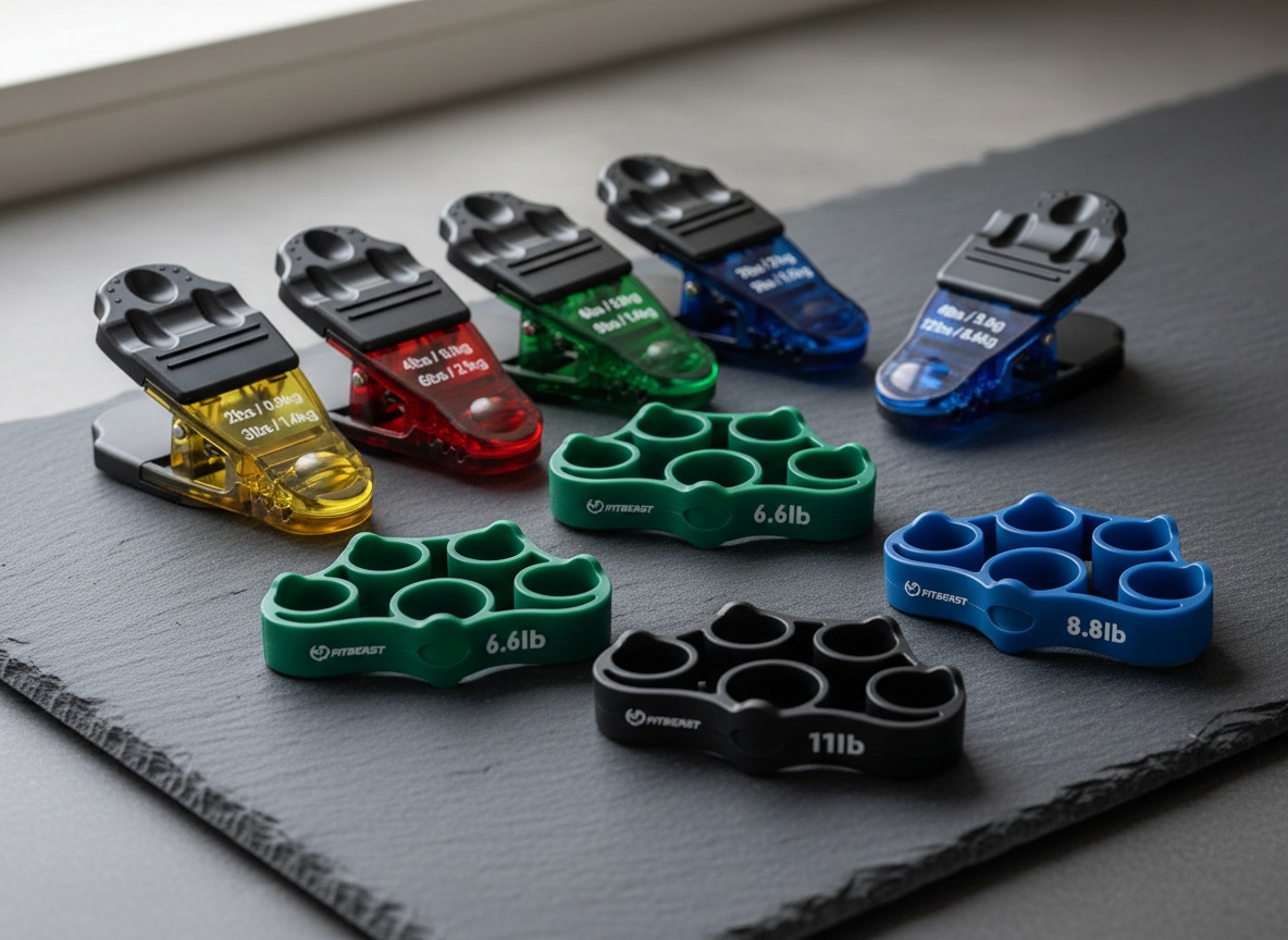 Macro close-up of FitBeast finger exerciser clips and bands on slate with shallow depth of field