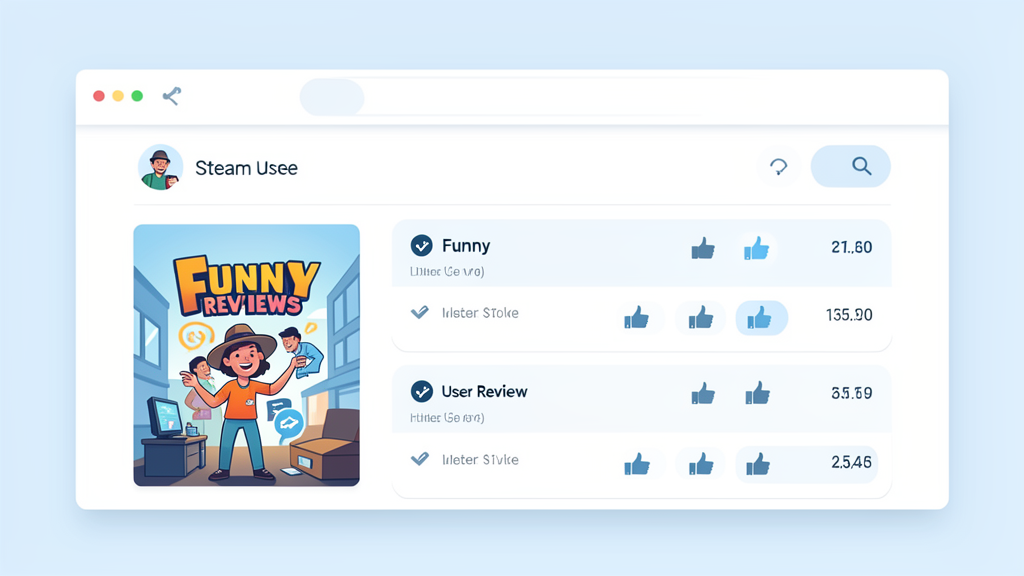 Stylized Steam store page showing a Funny user-review tab with vote counts for an indie title