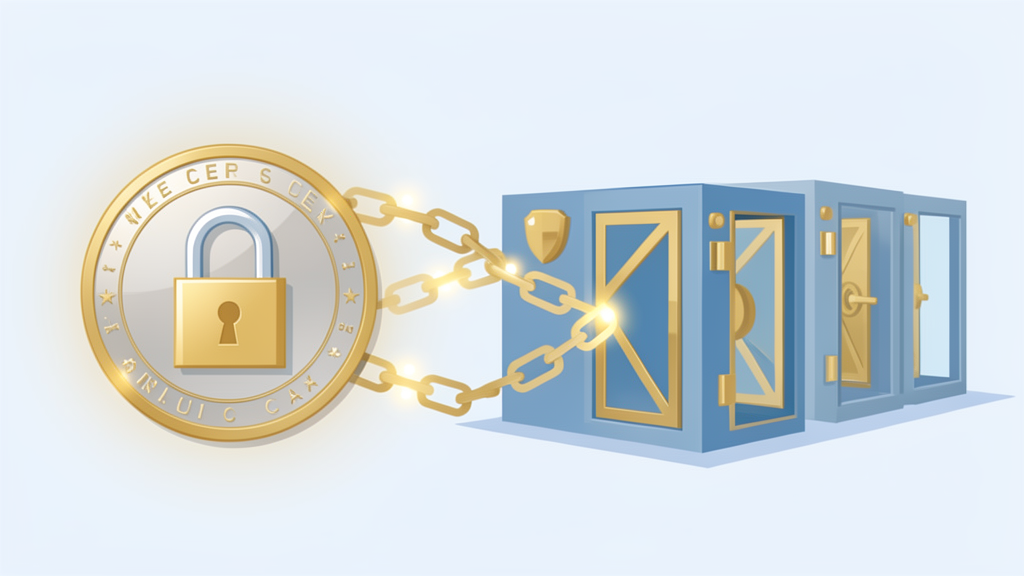 Euro coin protected by a padlock, linked by blockchain chains to shielded reserve vaults