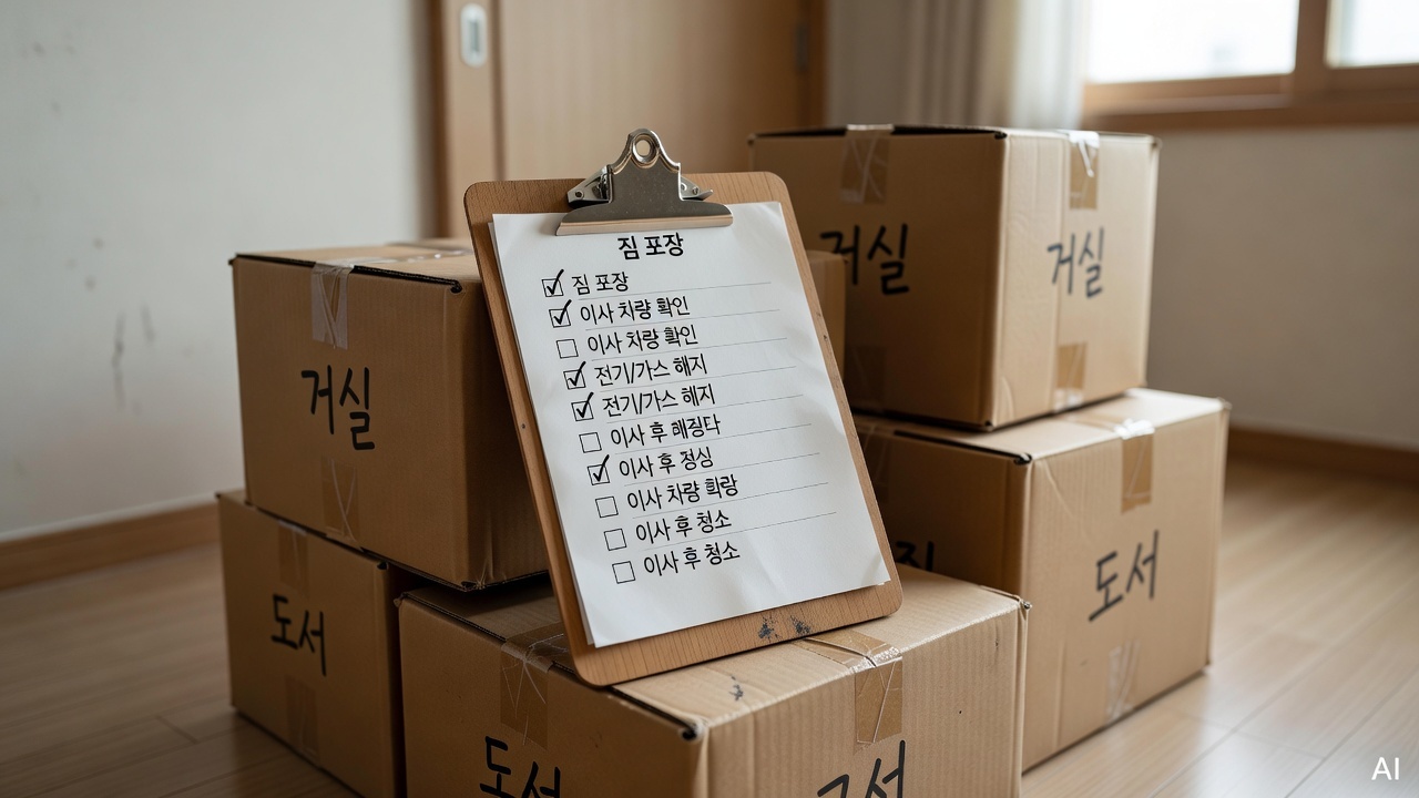 checklist on clipboard placed on top of packed moving boxes
