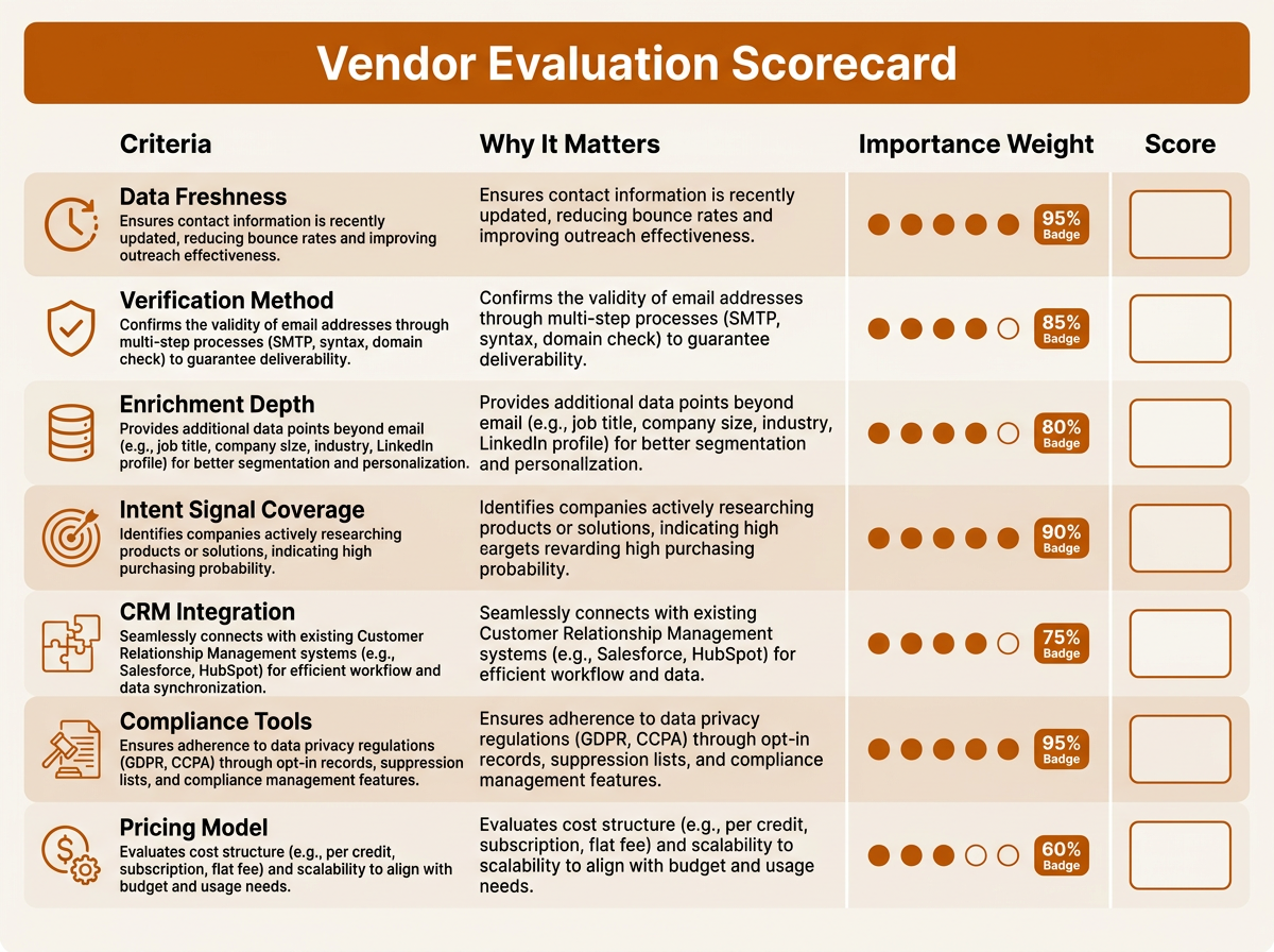 Decision matrix scorecard for evaluating business email database providers