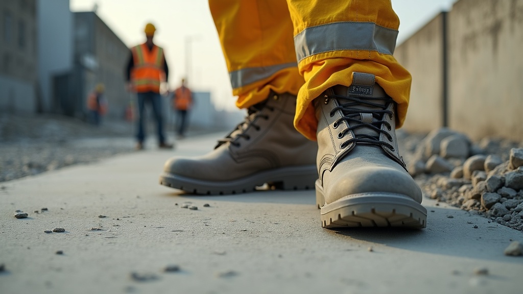 Trabajador de construcción con botas de seguridad sobre losa de concreto