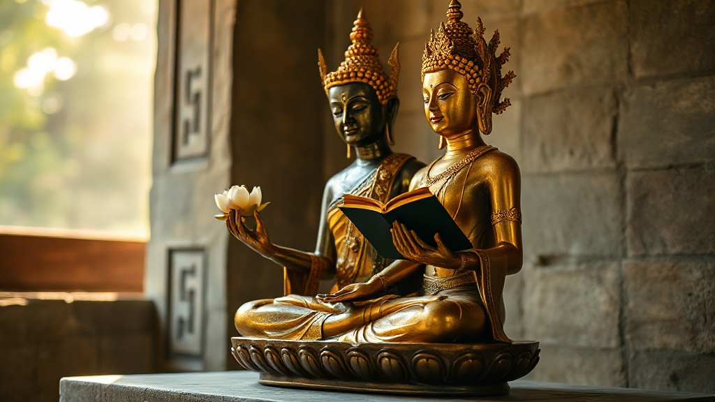 Gilded Prajnaparamita goddess statue seated in meditation posture holding a lotus and manuscript