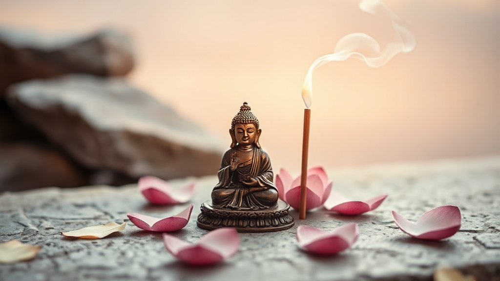 Small bronze Bodhisattva figure on stone surface surrounded by lotus petals and incense smoke