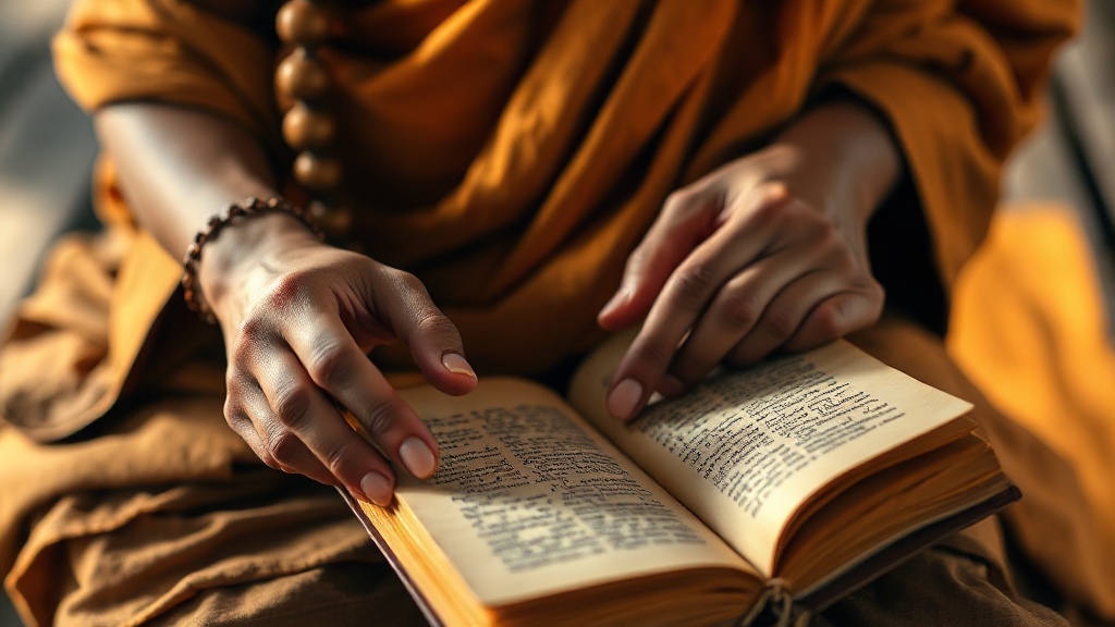 Buddhist monk's hands turning pages of an ancient palm-leaf manuscript with Sanskrit script