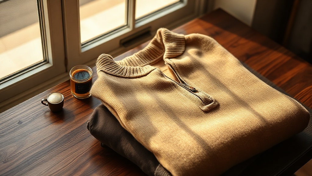 Folded camel-toned fine knitwear on walnut surface beside an espresso cup in morning light