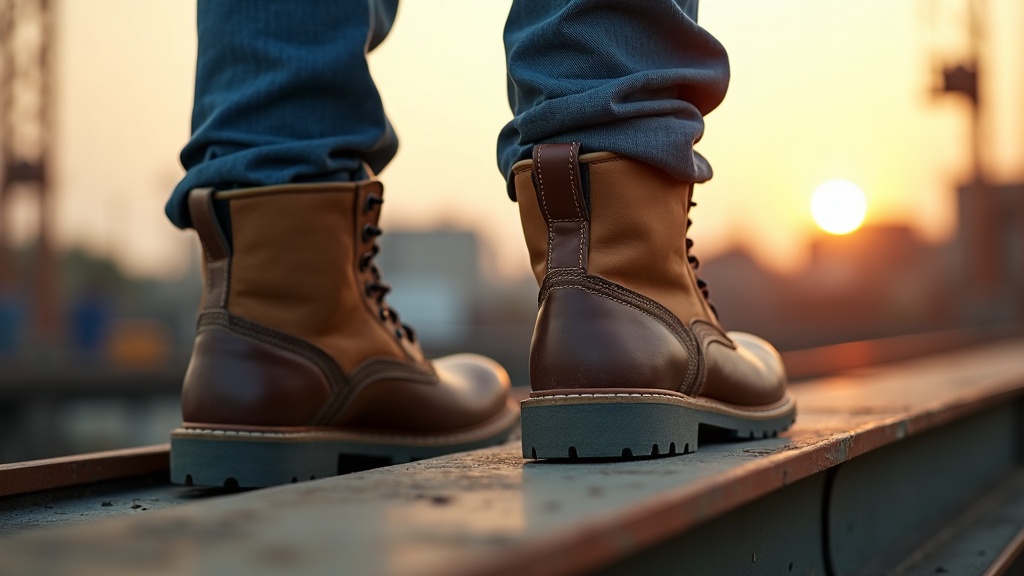 Trabajador de construcción con botas de seguridad en estructura metálica