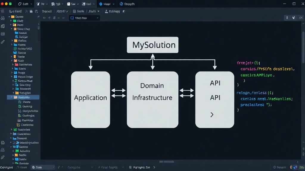 Diagram showing MySolution with Domain, Application, Infrastructure, and API projects.