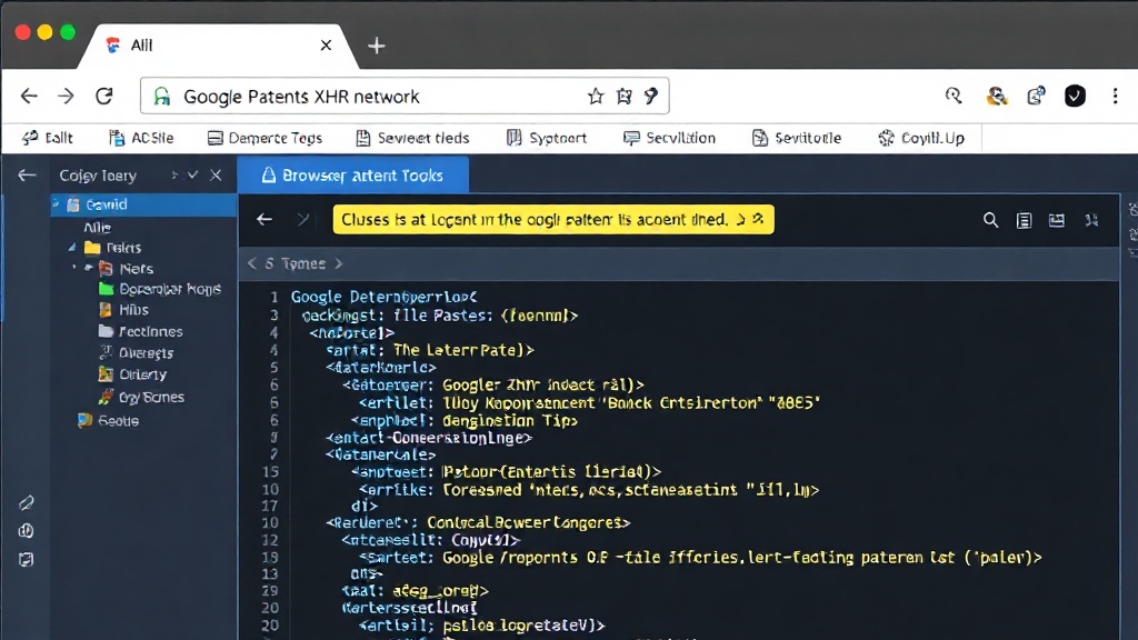 Browser developer tools showing the Google Patents XHR query in the network tab