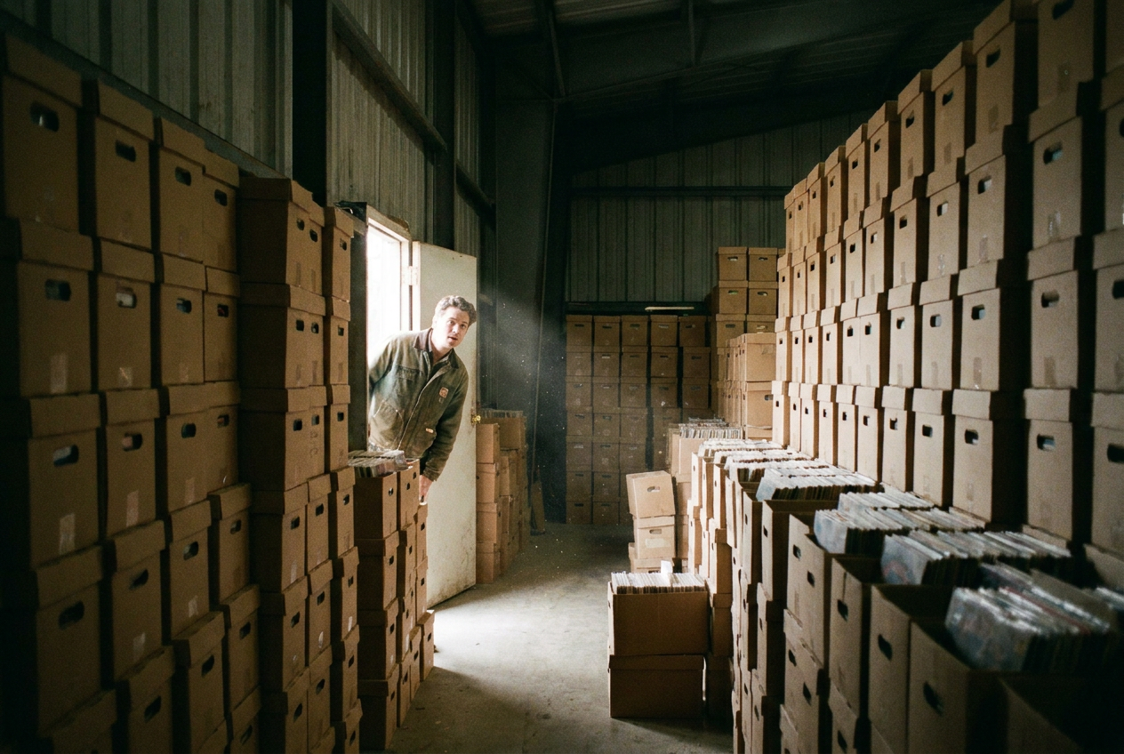 A massive warehouse filled floor-to-ceiling with thousands of identical vinyl records stacked in rows, dust gathering on them, a single small doorway with light streaming in and one person peeking inside curiously, dimly lit industrial space