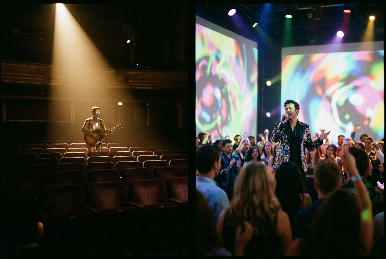A split-screen scene, left side showing a dark empty concert hall with no audience and a robot playing guitar alone on stage under a single spotlight, right side showing a vibrant colorful music video set with swirling AI-generated visuals being projected onto screens while a human singer performs center stage to a packed crowd, bright energetic atmosphere