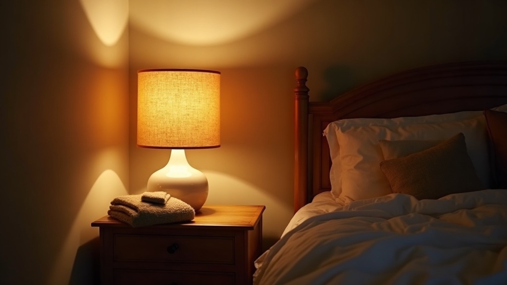 Warm linen lampshade on a bedside table at night