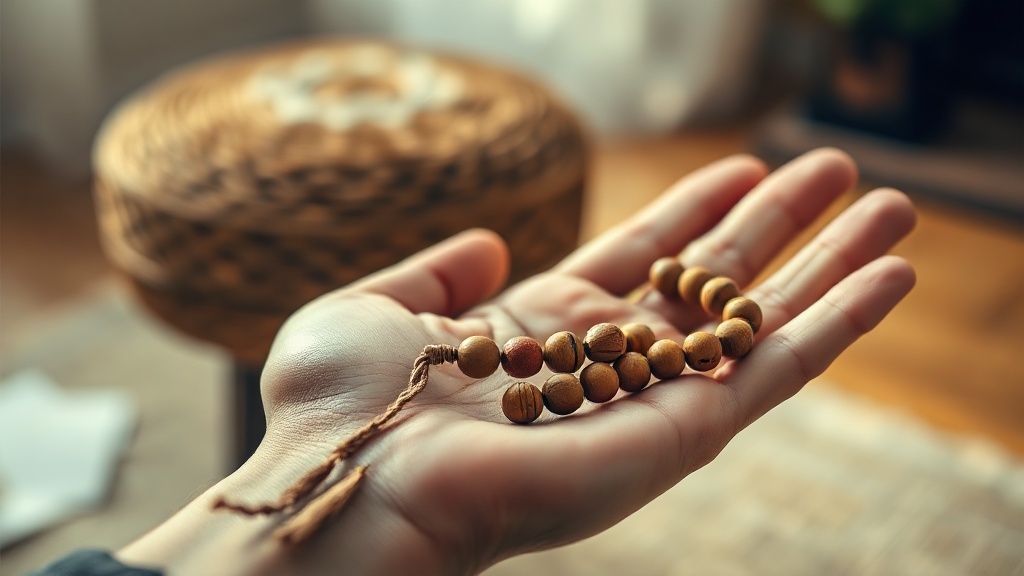 Mala tibétain en bois de santal posé dans une main, outil de récitation utilisé dans les pratiques bouddhistes