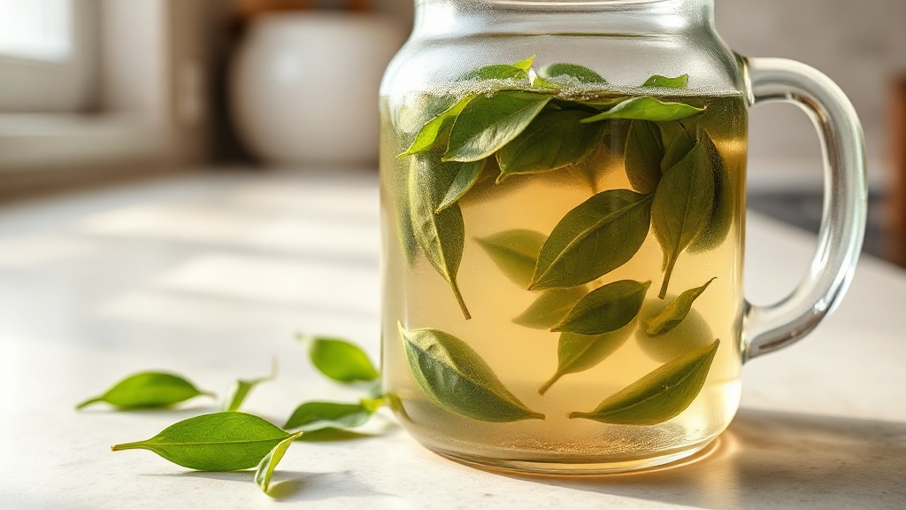 Pichet en verre avec feuilles de thé vert en infusion à froid dans l'eau claire