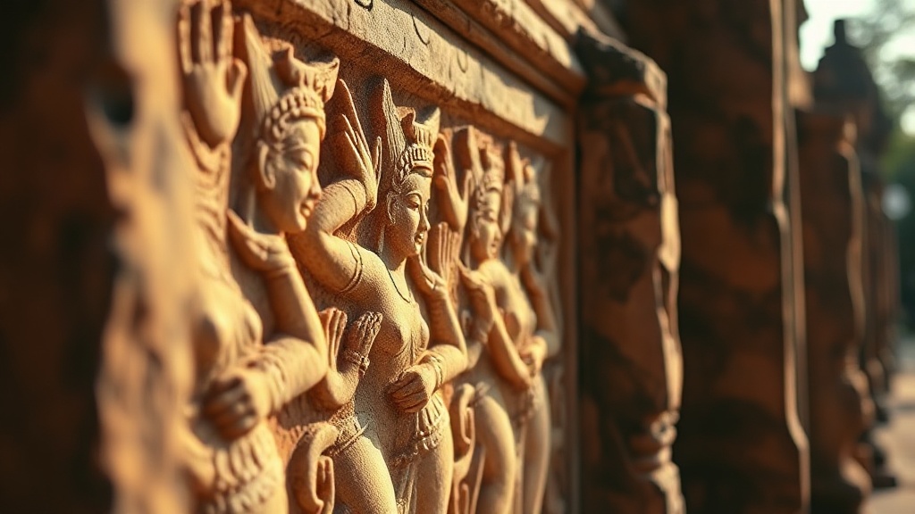 Bas-relief en grès d'Angkor Vat représentant des apsaras danseuses célestes, détail sculptural khmer