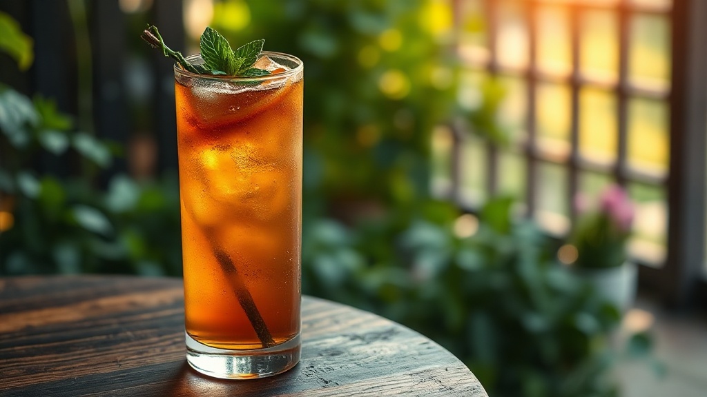 Verre de cold brew thé noir ambré avec menthe fraîche et orange sur une table en bois