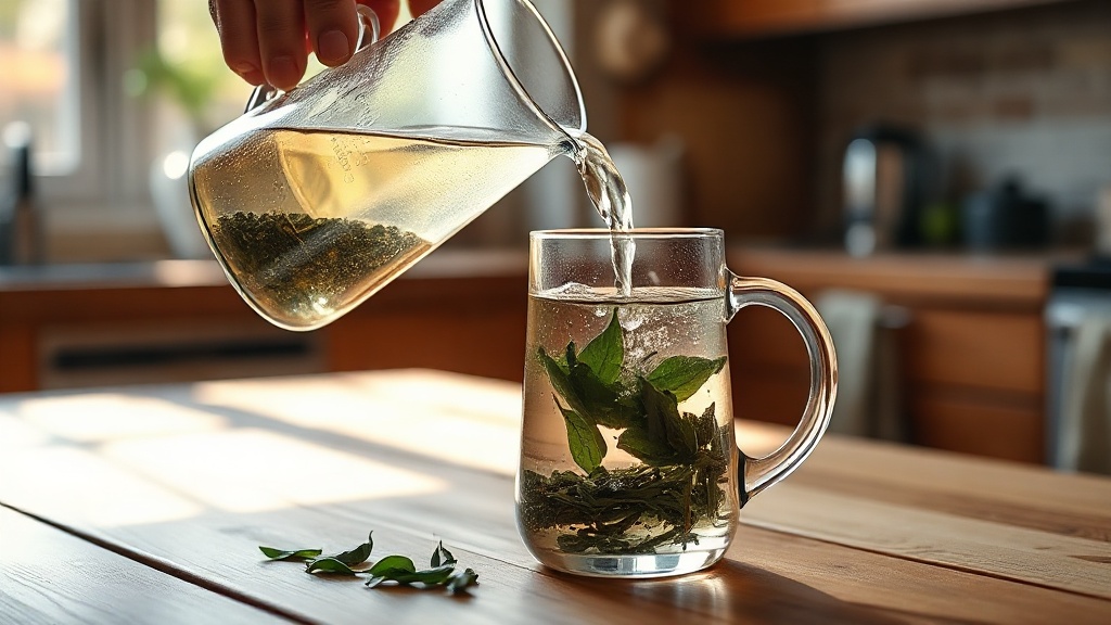 Versement d'eau froide sur des feuilles de thé dans un pichet en verre pour cold brew