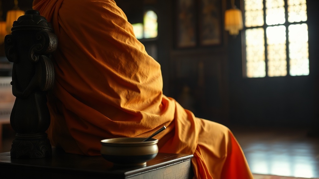 Moine bouddhiste theravâda en robe safran dans un temple d'Asie du Sud-Est, illustrant la vie monastique