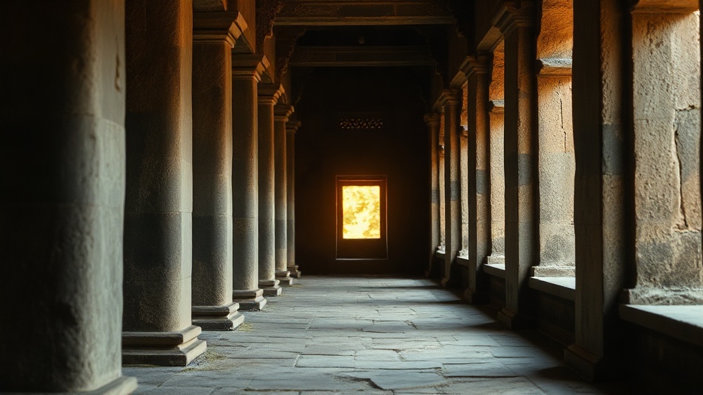 Galerie intérieure d'Angkor Vat, colonnes en grès et fenêtres à balustres baignées de lumière dorée