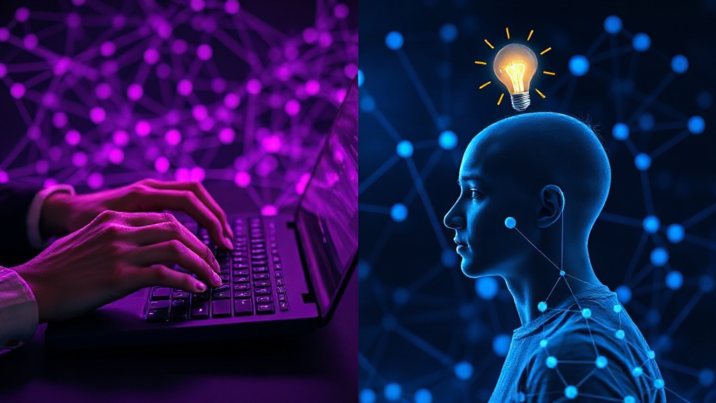 A split image showing a person typing on a keyboard versus a person thinking with a lightbulb above their head.
