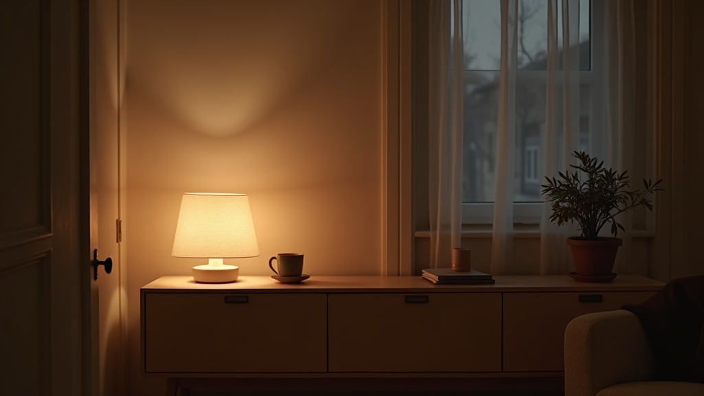 Rechargeable table lamp glowing softly on a sideboard in a calm Scandinavian living room