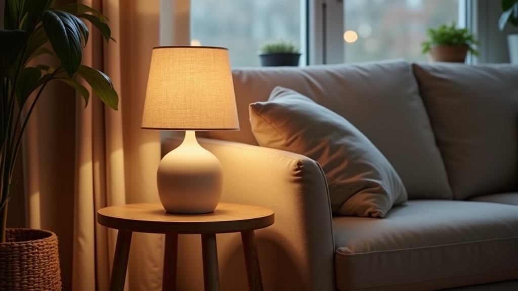 Cordless table lamp on a wooden stool beside a sofa creating warm ambient light